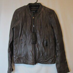 Marc New York Andrew Marc Brown Leather Zip Up Moto Jacket Women's Size Med NWT!